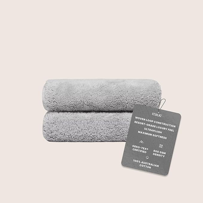 Italic Ultraplush 100% Australian Cotton Hand Towels - Set of 2 Luxury Hand Towels, Ultra Soft and Highly Absorbent 800GSM Towels for Bathroom,Shower, Hotel, and Spa (Light Gray)