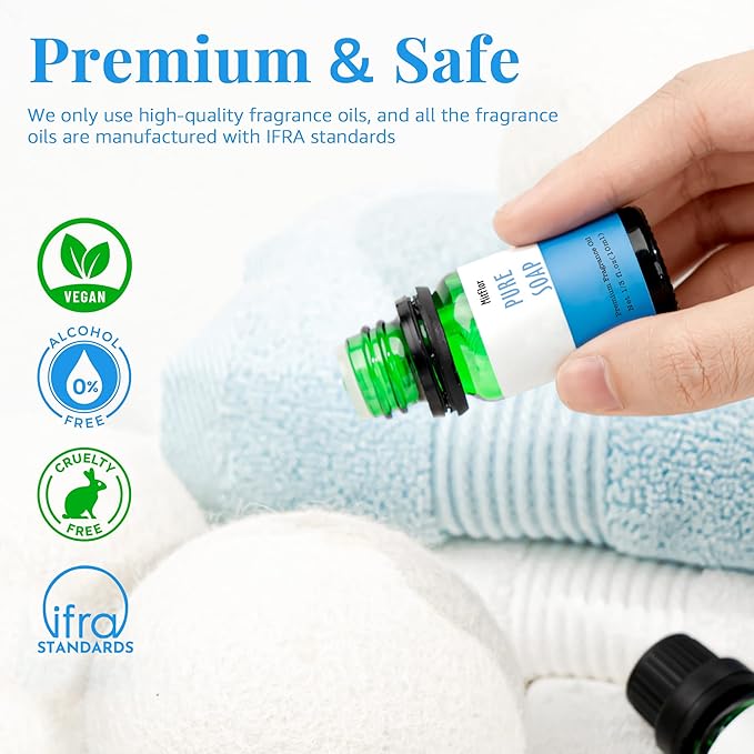 Fragrance Oil Set, MitFlor Clean Essential Oils for Diffusers for Home, 6 x10 ml, Fragrance Oil for Candle Soap Making, Aromatheraphy Oils Gift Set, Fresh Linen, Pure Soap and More Scents