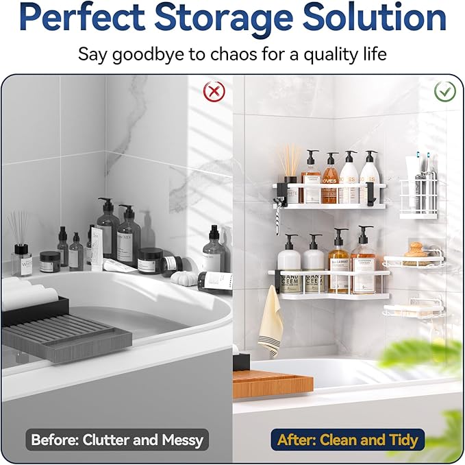 YASONIC Corner Shower Caddy, 5-Pack Adhesive Rustproof Stainless Steel Shower Organizer with Soap Holder, No Drilling Shower Shelf for Inside Shower, Dorm, Renters, White
