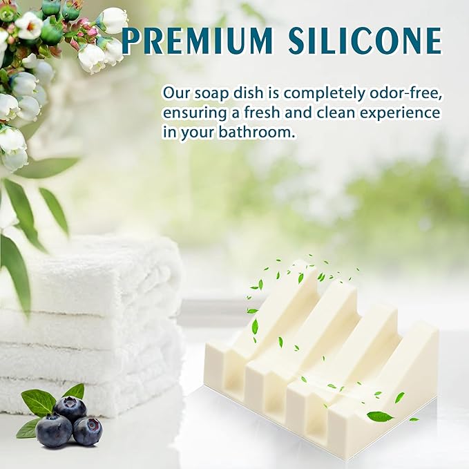 Silicone Soap Dish with Drain, Upgrade Double Suction Cups at The Bottom for Anti-Slip and Stability, Soap Dish Shower Waterfall Bar Soap Holder Tray with Drain Soap Holder (2, CreamWhite)