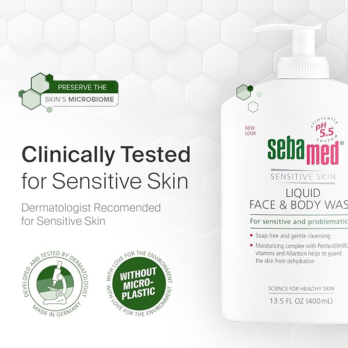 SEBAMED Paraben-Free Liquid Face and Body Wash with Pump pH 5.5 Dermatologist Recommended Mild Hydrating Cleanser for Sensitive Skin 13.5 Fluid Ounces (400 Milliliters)