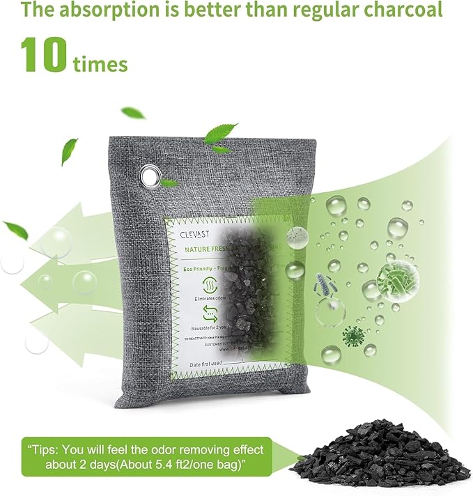 CLEVAST 14 Pack Activated Bamboo Charcoal Air Purifying Bags(2x200g, 12x50g), Natural Fresh Odor Absorber, Deodorizer and Moisture Eliminator, Air Purifier Bags for Home