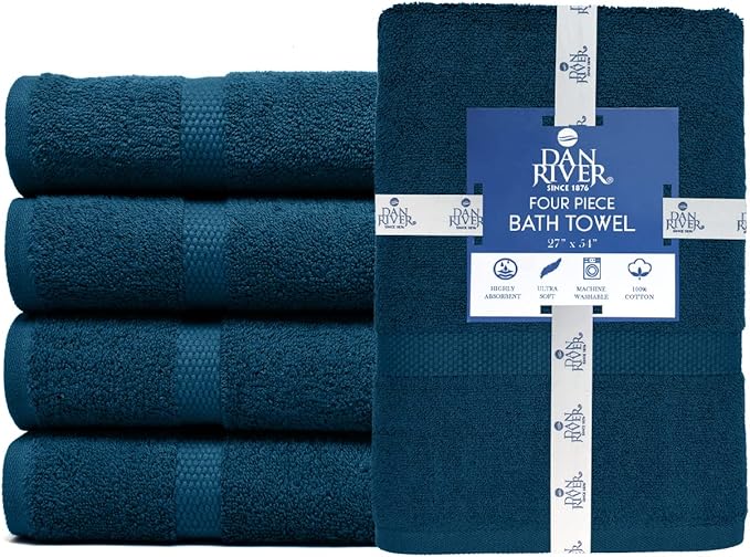 DAN RIVER Bath Towels Set of 4, 27 x 54 Inches, 100% Cotton, Larger & Lighter Weight, Quicker to Dry, Super Soft and Absorbent, Ideal Opal Blue Bath Towel for Daily Use