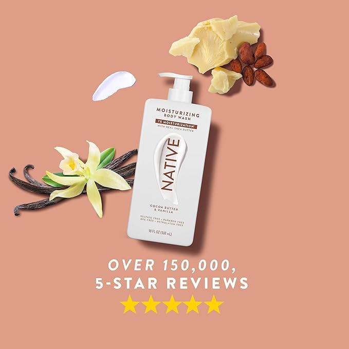 Native Moisturizing Body Wash Contains Naturally Derived Ingredients | for Women & Men, Sulfate, Paraben, & Dye Free Leaving Skin Soft & Hydrated | Cocoa Butter & Vanilla 18 oz