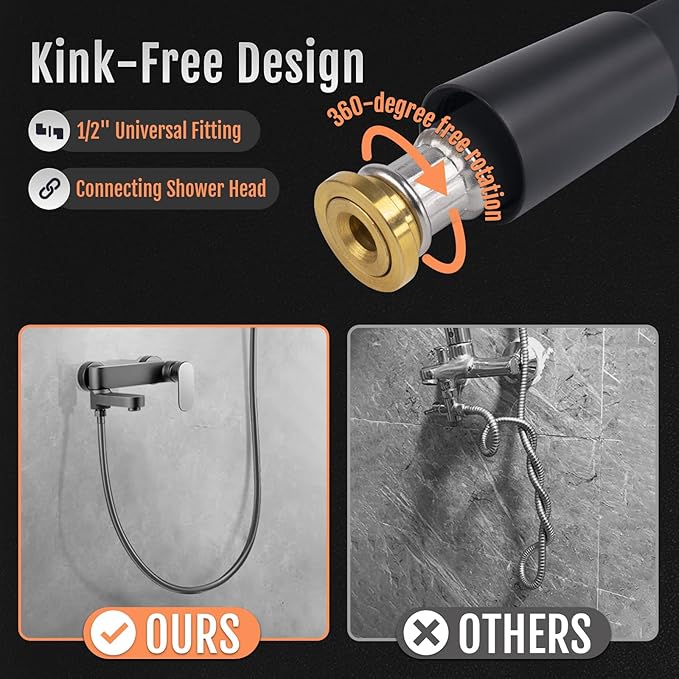 Shower Hose, Food Grade Silicone Shower Head Hose, Kink-Free Handheld Shower Hose Extension, Rv Shower Hose Replacement with Premium Brass Material for Cleaning Pet, Bidet, 60 Inches, Black