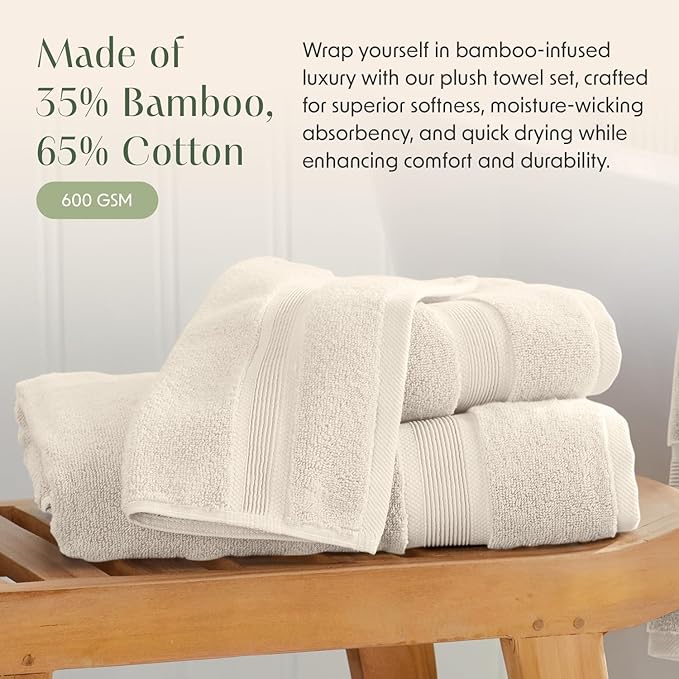 Springtree Home Luxury Viscose from Bamboo Bath Towel Set of 4 | 35% Viscose from Bamboo - 65% Cotton | Absorbent Quick-Dry Towels for Bathroom | Oeko-TEX Standard 100 Cotton | Sand