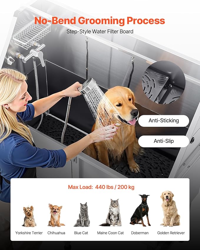 VEVOR Stainless Steel Dog Washing Station, Professional 62 inch Pet Grooming Tub w/Ramp, PE Water Filter Board, Faucet & Showerhead & Soap Holder Bathtub for Large & Medium & Small Pets (Left Door)