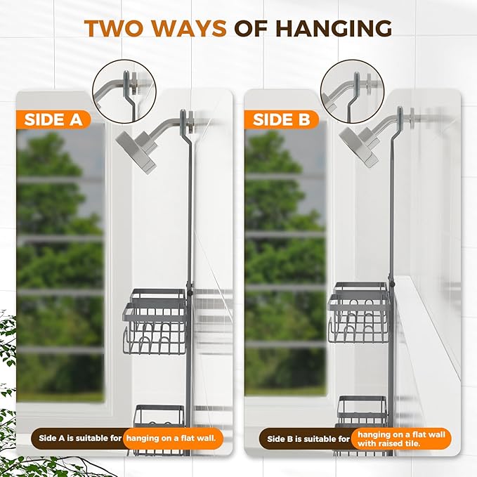 REINHARDT Adjustable Shower Caddy Hanging Split Shower Caddy for Handheld Showerheads, Rustproof Shower Organizer with Hooks for Razors Over the Head Caddy with Soap Holder Bathroom Accessories, Grey