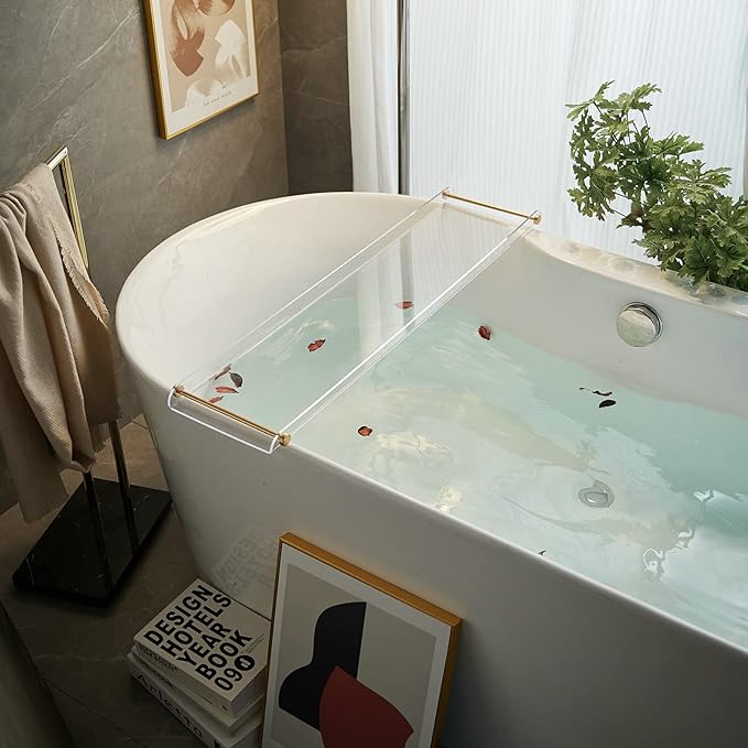 Bathtub Tray Clear Caddy Rack: Acrylic Tub Tray Shelf with Gold Rails to Hold Book Phone Candle Wine - Waterproof Bathtub Accessories, Luxury Gifts for Women