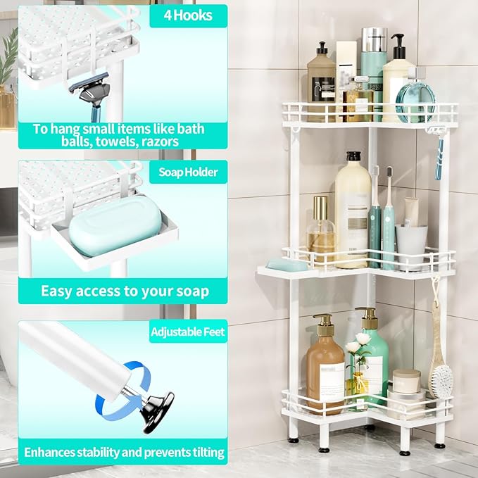 HapiRm Corner Shower Caddy Standing - 3 Tier Shower Organizer Corner with Soap Holder, Rustproof Bathroom Standing Organizer with 4 Hooks, White