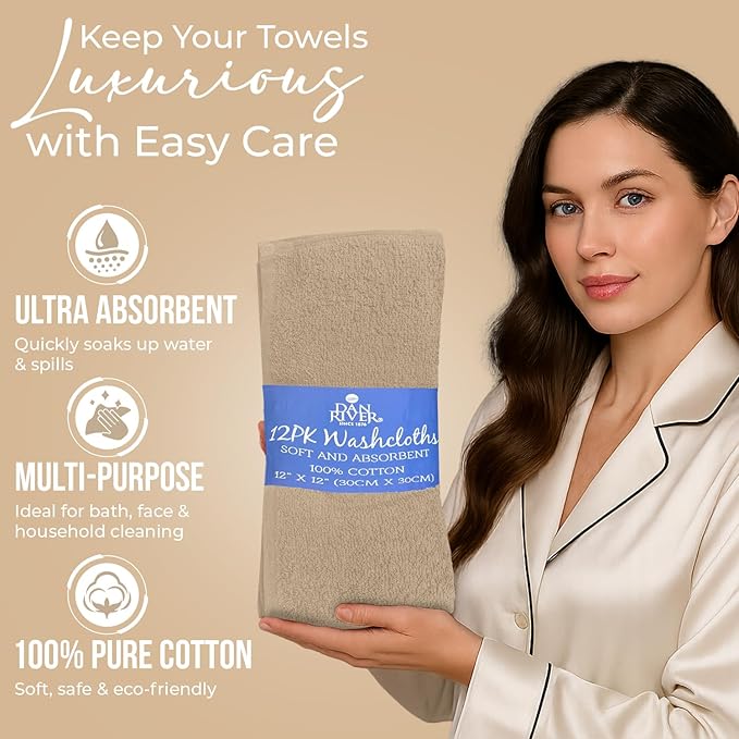 DAN RIVER 12 Pack Wash Cloths for Showering [12x12] - 100% Cotton Washcloths Premium Quality Flannel Face Cloths for Bathroom, Highly Absorbent and Soft Feel Wash Clothes, Tan