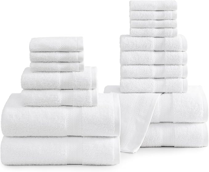 LANE LINEN 100% Cotton Luxury White Bath Towels - 18 Pieces, Ring-Spun Technology - 4 Bath, 8 Washcloths, 6 Soft Hand Towels, Machine Washable, Remains Soft & Absorbent Even After Multiple Washes