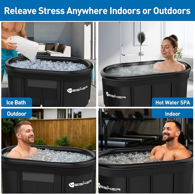 Yesker 110 Gal Oval Ice Bath Tub with Air Ring, Portable Multi-Layered Cold Plunge Tub with Lid for Athletes, Foldable and Inflatable, One Person Hot Bathtub at Gym, Yard, Home, Outdoors Use
