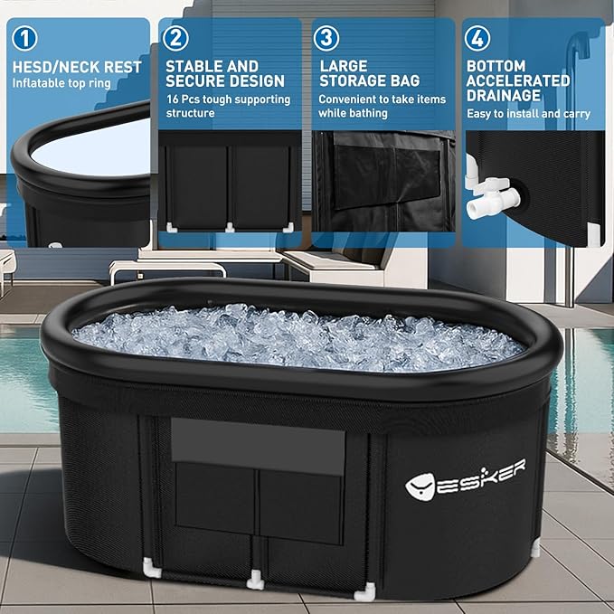 Yesker 110 Gal Oval Ice Bath Tub with Air Ring, Portable Multi-Layered Cold Plunge Tub with Lid for Athletes, Foldable and Inflatable, One Person Hot Bathtub at Gym, Yard, Home, Outdoors Use