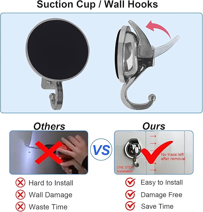 Heavy Duty Suction Cup Hooks for Shower, Bathroom Robe - Vacuum Glass Hooks, Reusable, No Hole Punched, for Garland Decoration (Silver Grey, 6 Pack)