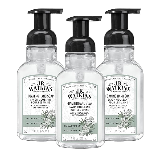 J.R. Watkins Foaming Hand Soap Pump with Dispenser, Moisturizing Hand Soap Foam, Alcohol-Free, Cruelty-Free, , Use for Kitchen or Bathroom, Eucalyptus, 9 fl oz,3 Pack