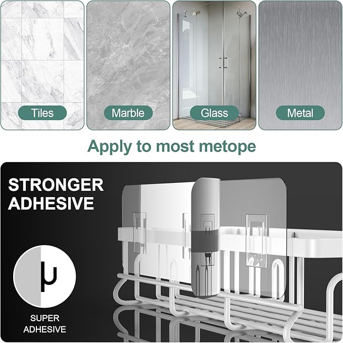 2025 New Adhesive Shower Caddy, Shower Shelves with 16 Hooks, White 2 Pack