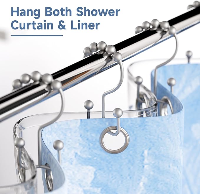 Titanker Shower Curtain Hooks Rings, Rust-Resistant Metal Double Glide Shower Hooks for Bathroom Shower Rods Curtains, Set of 12 Hooks - Space Silver