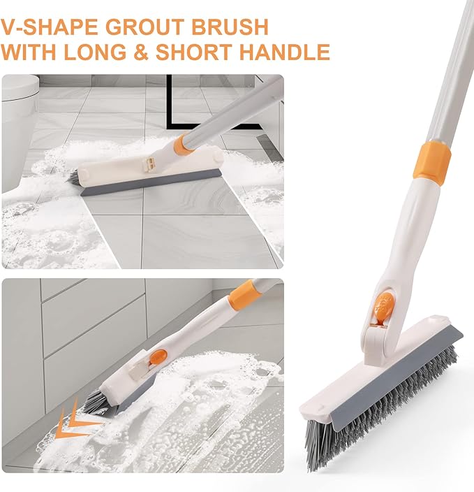3 in 1 Shower Scrubber Cleaning Brush with Long Handle, 50'' Tub and Tile Grout Scrub Brush Stiff Bristles Lock in Place Scrub Brush Head for Bathroom Kitchen Wall Floor Bathtub Sink Glass - Upgrade