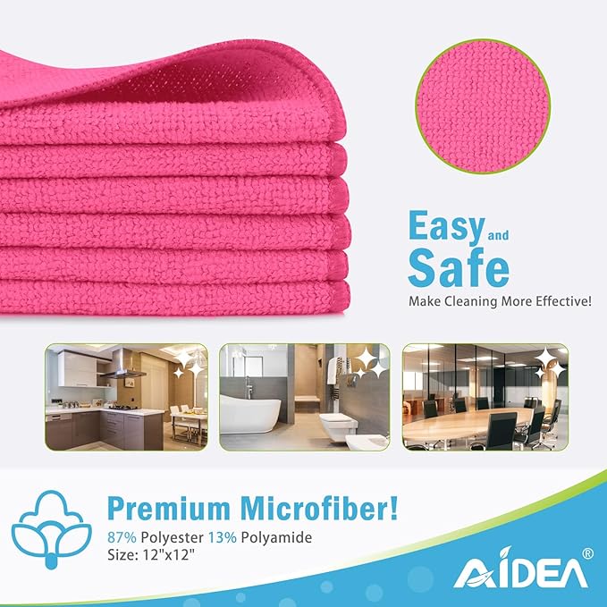 AIDEA Microfiber Cleaning Cloth-12PK, Soft Microfiber Towels for Cars, Absorbent Cleaning Rags, Lint-Free Streak-Free Wash Cloths for House, Kitchen, Window(12in.x12in), Pink