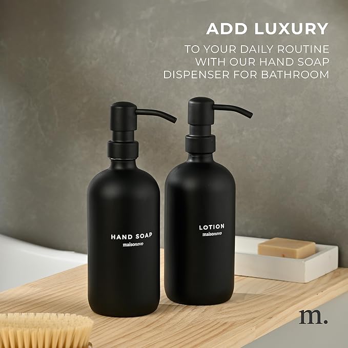MaisoNovo Soap Dispenser 2-Piece Set | 16.9oz Black Bottles with Black Stainless Steel Pumps