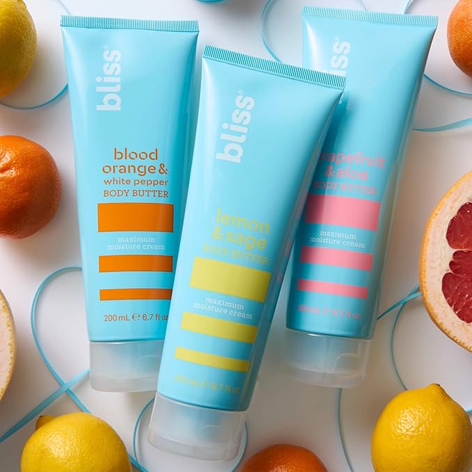 Bliss Body Butter Lotion Trio: Lemon & Sage, Grapefruit & Aloe, Blood Orange & White Pepper. Moisturizing, vegan, cruelty-free body lotion for dry skin. Great for women & men. 6.7 Fl Oz, 3-pack