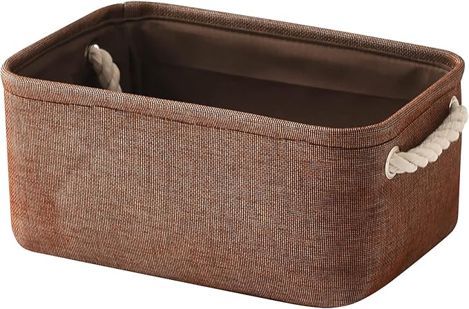 TheWarmHome Small Fabric Canvas Storage Bin with Cotton Rope Handles - Foldable Empty Basket for Gift (Brown-1 Pack,11.8L7.9W5.2H inch)