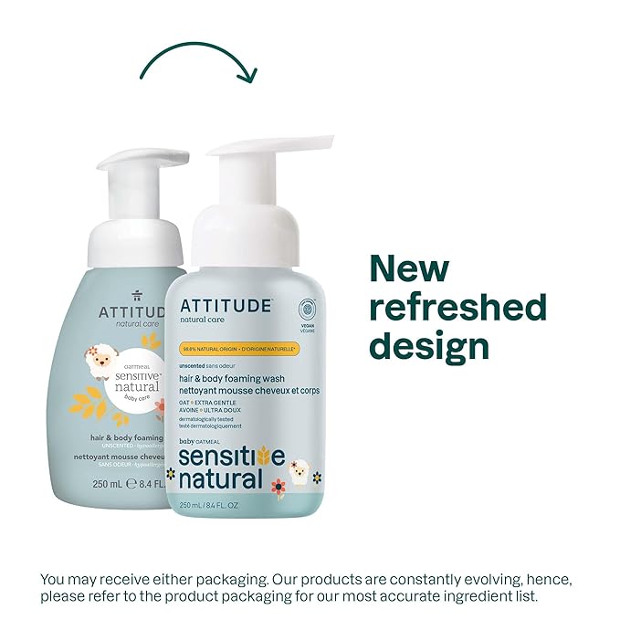 ATTITUDE 2-in-1 Shampoo and Body Wash for Baby, EWG Verified, Plant- and Mineral-Based Ingredients, Dermatologically Tested, Vegan Products for Sensitive Skin, Unscented, 8.4 Fl Oz
