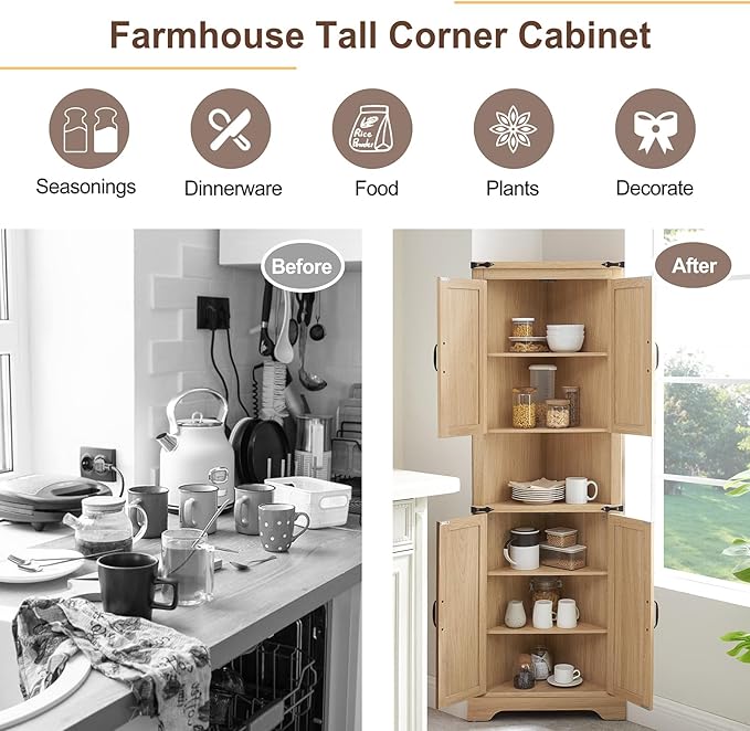 Tall Farmhouse Corner Cabinet with 4 Doors and Adjustable Shelves, Farmhouse Storage Cabinet with Barn Door Design, Home Space Saver for Living Room, Kitchen, Laundry Room (Natural Oak)
