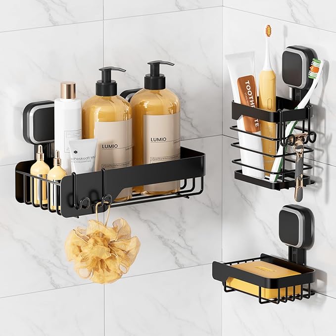 TAILI Shower Caddy Suction Cup 3 Pack, Stainless Steel Rustproof Shelves with Soap Holder Set, Drill-Free Wall Mounted Basket, Heavy Duty Removable Bathroom Organizers & Home Decor, Black