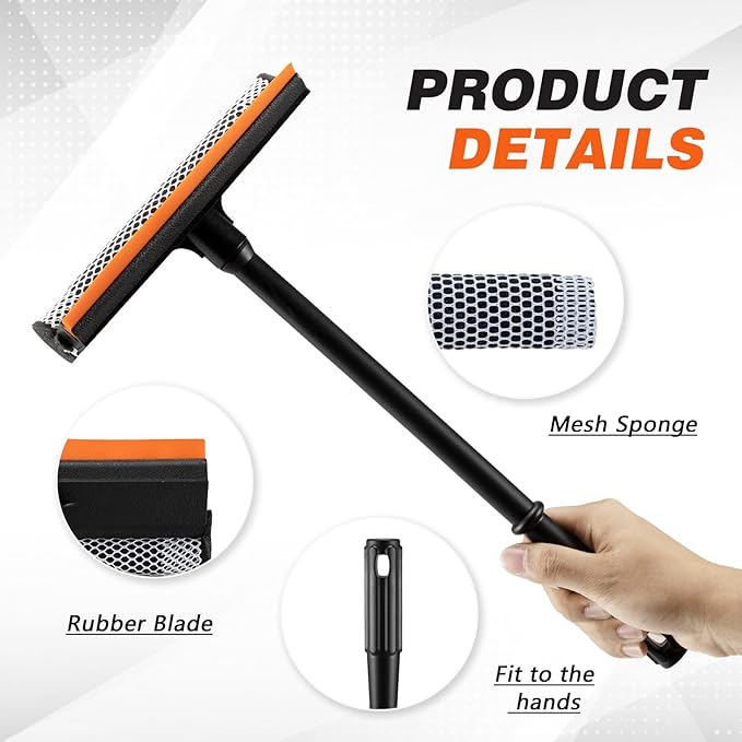 2 in1 Window Squeegee for Car, Window Cleaner with 16inch Long Handle,Sponge Car Window Squeegee for Gas Station, Glass,Shower,Outdoor High Window Cleaning