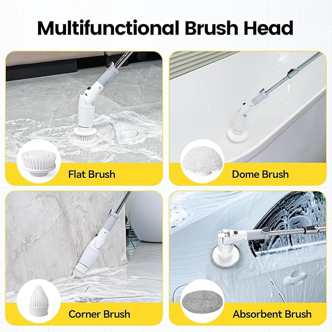 Electric Spin Scrubber, Cordless Cleaning Brush Shower Scrubber Up to 550 RPM with 9 Replaceable Brush Heads, Bathroom Scrubber Adjustable Extension Handle for Cleaning Bathroom Kitchen(Grey)