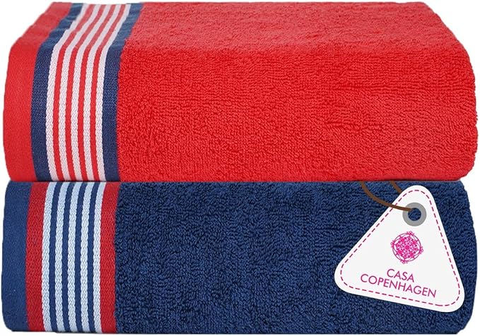 CASA COPENHAGEN He & She 2 Pieces Large Bath Sheet Set- American Blue + American Red, 550 GSM, Designed in Denmark Made of Soft Egyptian Cotton for Bathroom, Kitchen & Shower