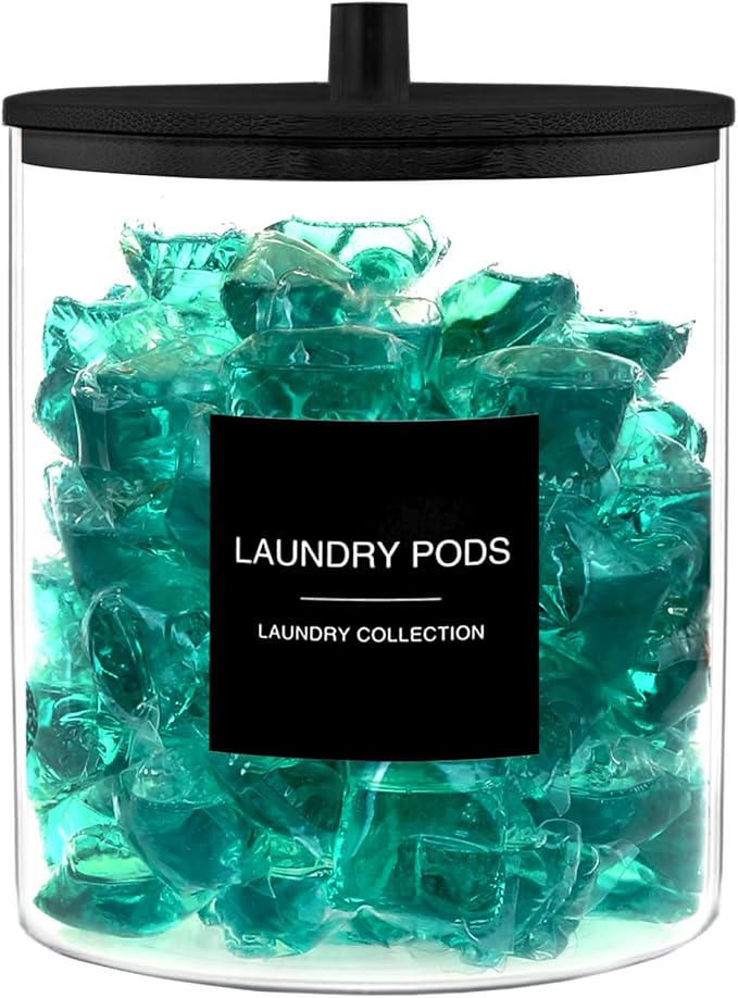 TIPGO Laundry Pods Container with 27 Labels, Glass Jars for Laundry Room Organization, Detergent Holder with Bamboo Lid, Cute Storage Jars, Black (Set of 1)