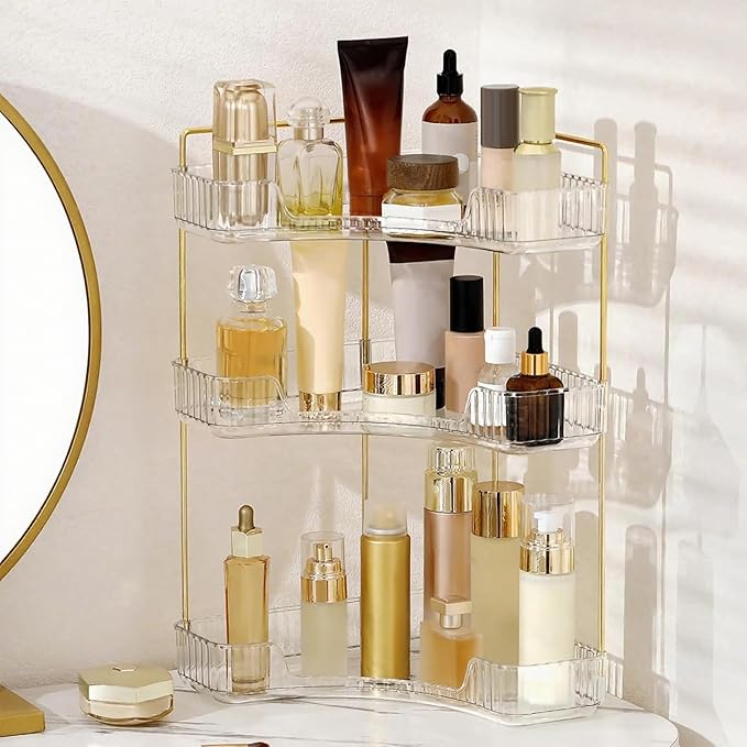 Corner Bathroom Countertop Organizer, Vanity Trays for Counter, Makeup Organizers, Perfume Tray, Kitchen Spice Rack, (Clear, 3 Tiers)