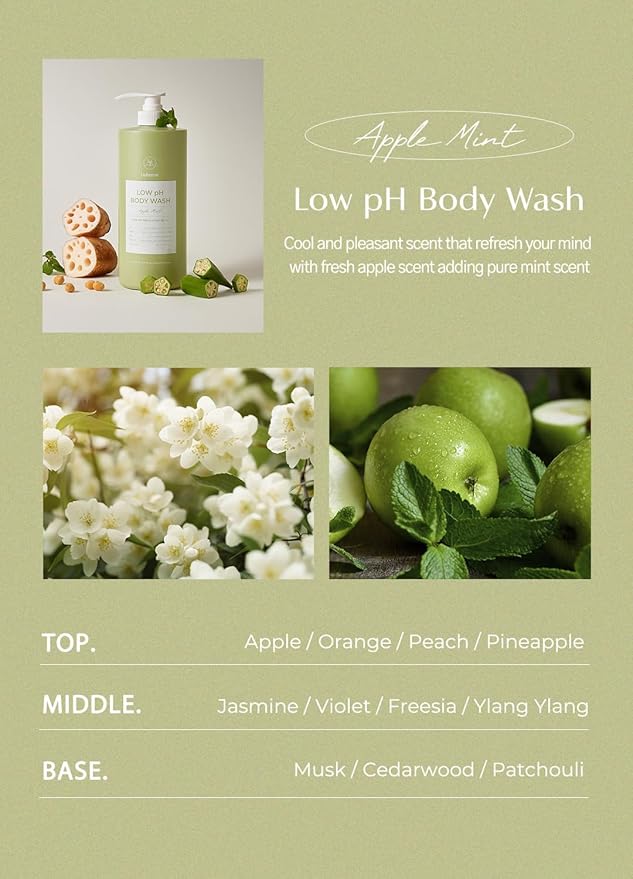 laferme Low pH balanced Gentle Korean Body Wash with Natural & Organic Ingredients, Hypoallergenic for Sensitive Skin, Moisturizing & Hydrating for Dry Skin, For Women & Men, 33 Fl Oz, Apple Mint
