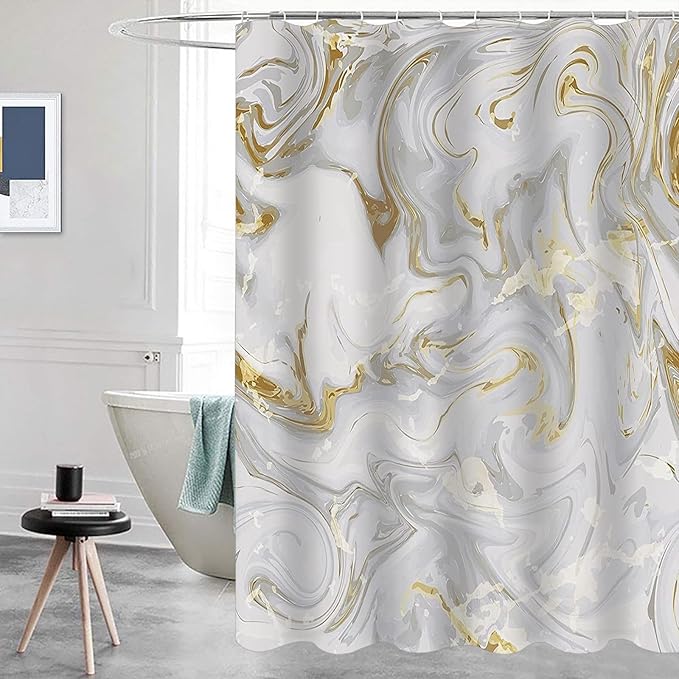 Domoku Grey Gold Marble Shower Curtain,Grey Golden Cracked Lines Abstract Modern Shower Curtain for Bathroom Decor,Waterproof Texture Washable Fabric Shower Curtain,72 X 72
