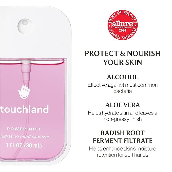 Touchland FRUITY CRUSH Body and Hand Mist Essentials (Peachy Lychee Body & Hair Fragrance Mist, 2 FL. OZ. + Berry Bliss Hydrating Hand Sanitizer Spray 1FL.OZ.), Travel Size Set