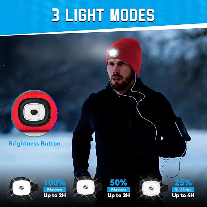 Christmas Stocking Stuffers for Men Adults, Beanie Hats with Light, USB Rechargeable LED Hand Free Headlamp, Birthday Gifts for Men, Women, and Teens, Ideal for Camping, Hiking, Red