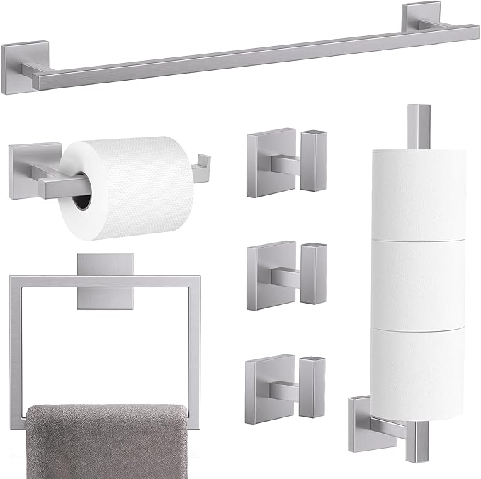 TQKAG 7-Pieces Brushed Nickel Bathroom Hardware Accessories Set 23.6" SUS304 Stainless Steel Towel Bar Set Toilet Paper Spare Rolls Storage Holder Wall Mounted