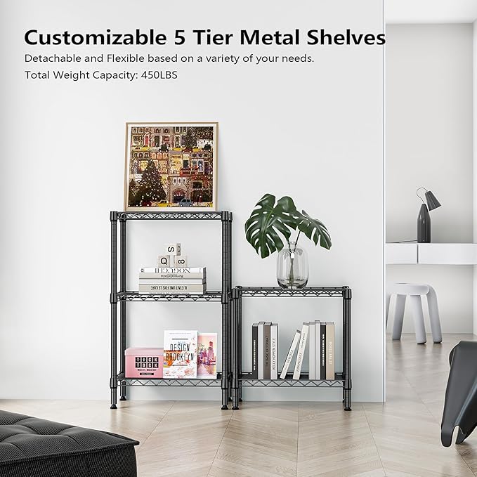 450 lbs Storage Shelves 5 Tier Shelving Units for Storage, Steel Organizer Wire Rack, Adjustable Height, Wire Shelving Unit for Bathroom Kitchen Closet, Black 11.8" D x 21.7" W x 58.3" H