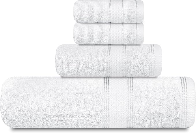 Casa Lino 100% Cotton Bath Towels Set of 4 (1 Bath Towel, 1 Hand Towel & 2 Wash Cloths) - Bathroom Towels and Washcloths Set - Complete Bathroom Set - Guest Room Essentials - (White)