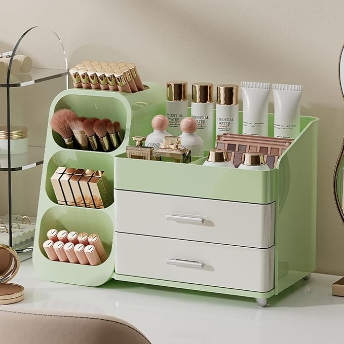 Makeup Organizer with Drawers for Vanity,Spacious Cosmetic Display Case,Perfect Storage Solution for Your Beauty Essential (Green and Cream)