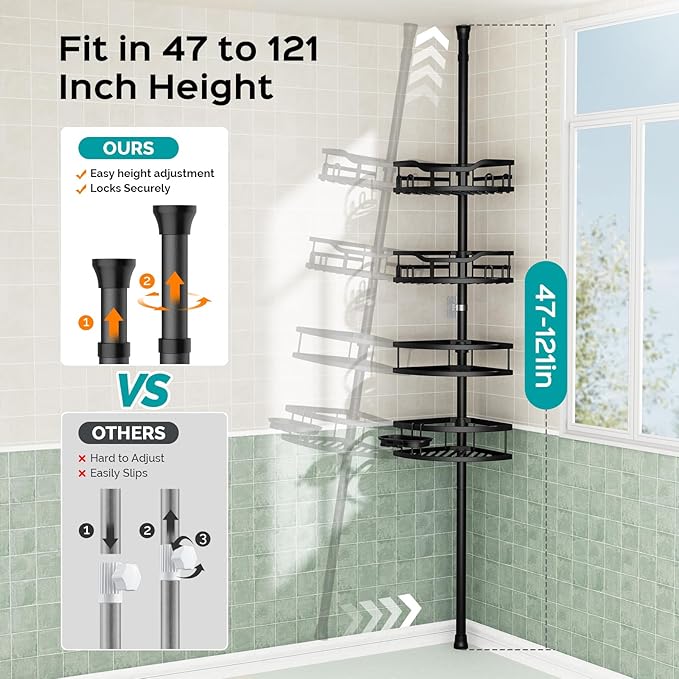 HAMITOR Corner Shower Caddy Tension Pole: Rustproof Stable 4-Tier Bathroom Organizer Shelves for Bathtub Shampoo Storage - 47-121 Inch Quick Install Adjustable Standing Rack with Soap Rack - Black