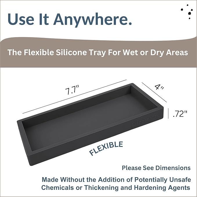 Countertop and Vanity Tray – Small 7.7” Silicone Tray, Soap Dispenser Trays, Bathroom Trays, Kitchen Soap Holder Sink Organizer Counter Caddy for Soaps Bottle Keys, Sponge Holder Dish Black