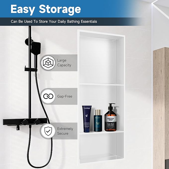 30" X 12" Stainless Steel Shower Niche Insert Tile Ready, Niche for Shower Wall, 3-Tier Recessed Shelves No Tile Needed for Bathroom Storage, White