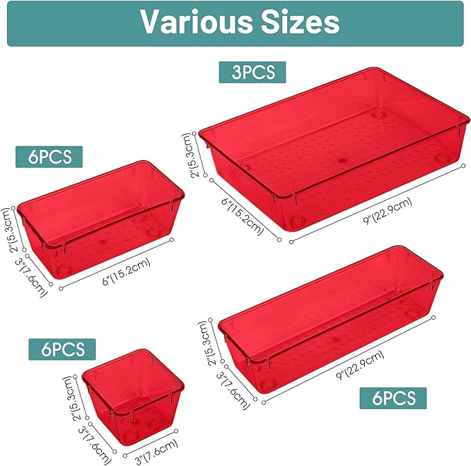 WOWBOX 25 PCS Plastic Drawer Organizer Set, 4 Sizes Desk Drawer Divider Organizers and Storage Bins for Makeup, Jewelry, Gadgets for Kitchen, Bedroom, Bathroom, Office, Clear Red