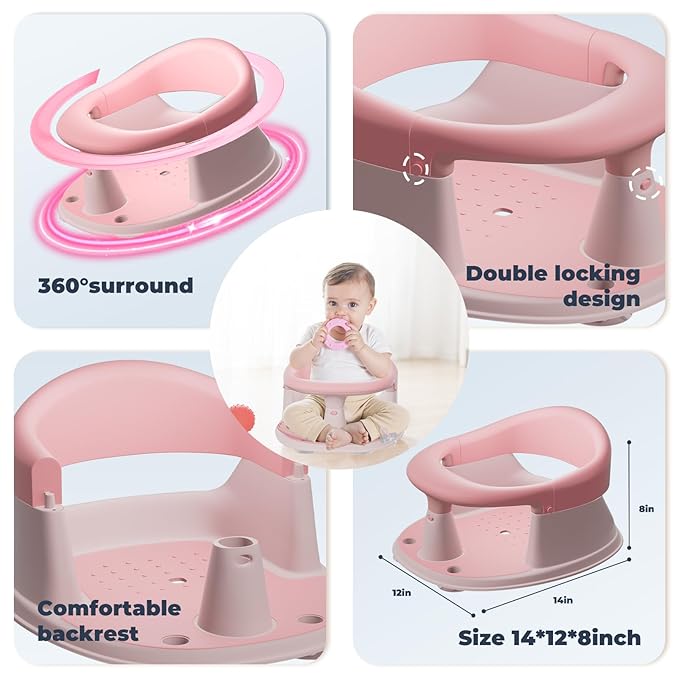 Baby Bath Seat-for Babies 6 Months & up with Temperature Alert+Soft Cushion+Suction, Toddler Bath Seat for Baby, Sitting Up with Baby Bathtub Seat, Pink