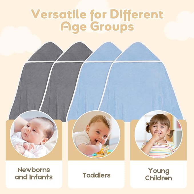 Hooded Towel for Newborn, 4 Pack Soft Coral Fleece Baby Towels, Ultra Absorbent Bath Cloths Bulk for Infants, Toddlers, Newborn Essential- 30 x 30 inch - Grey & Blue