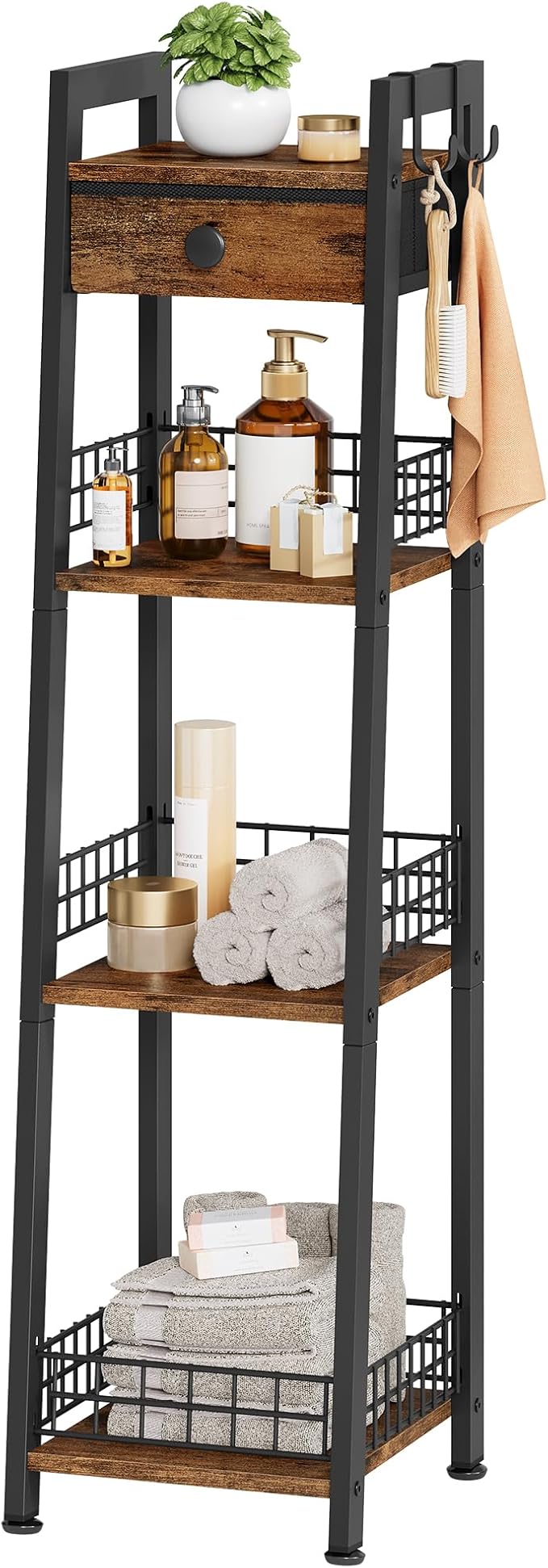4-Tier Narrow Bathroom Table Ladder Shelf with Drawer, Bathroom Stand Floor Storage Shelf, Freestanding Tower Shelf Ladder -Rustic Brown.